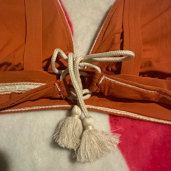 NWT ROBIN PICCONE Abi Bikini Top Striped Tie Back in Burnt Oranges/Ecru - Picture 5 of 11